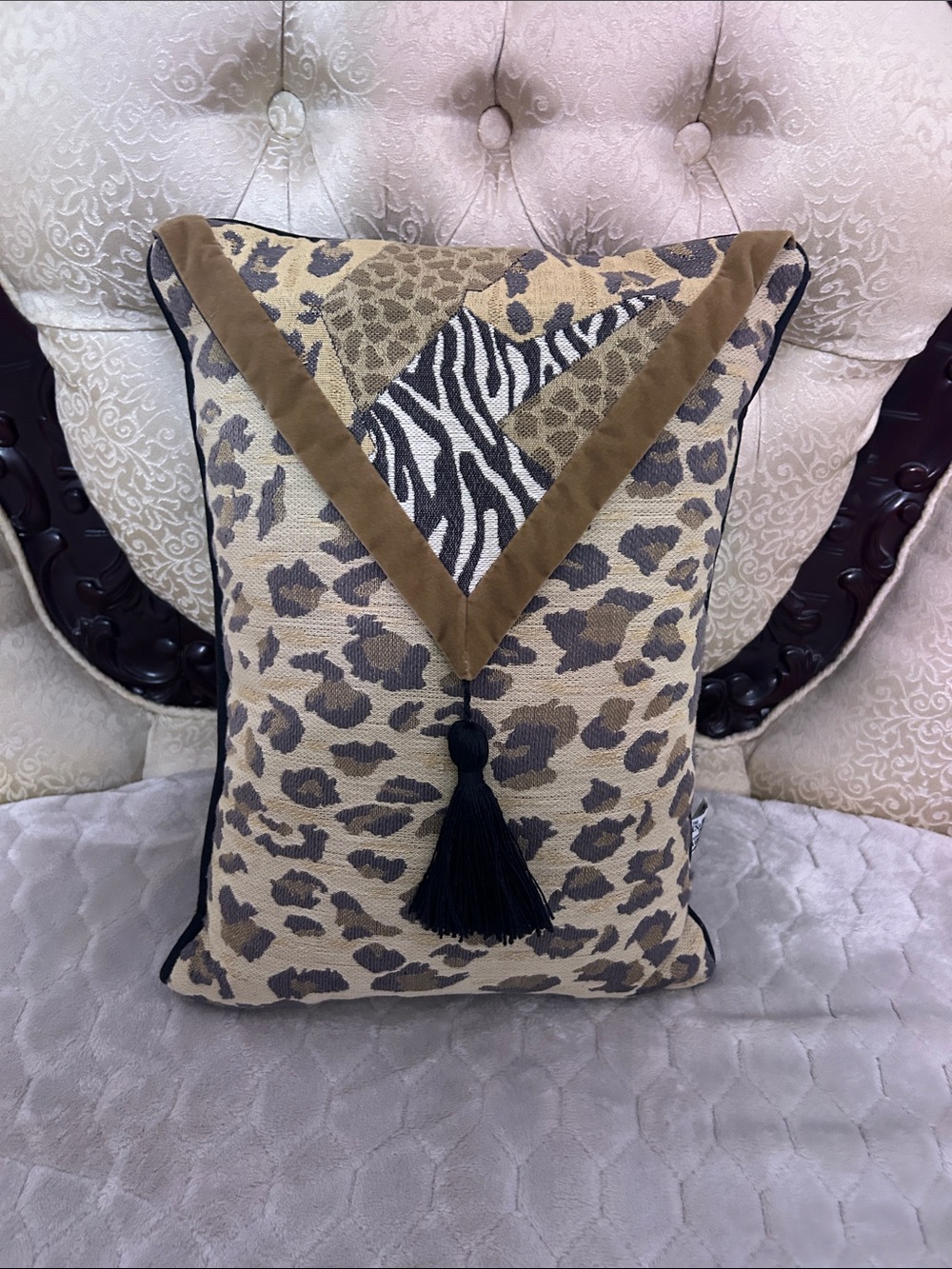 Animal-Print Accent Pillow with Black Tassel - Brown/Cream